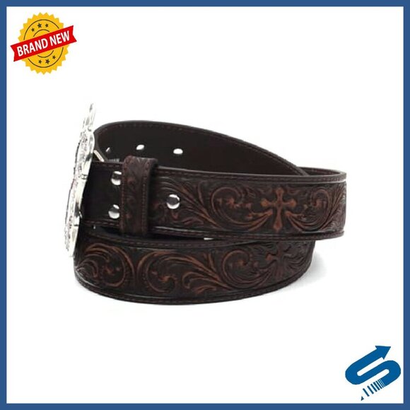 Western Leather Belt with Silver Buckle, Floral Cross Design, Size M/L/XL main image 7